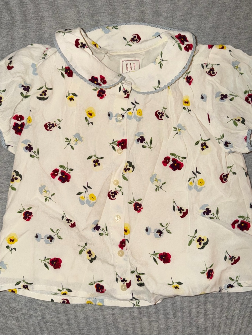 GAP Floral Button-Up Blouse in Cream with Multi-Color Pansies - Girls